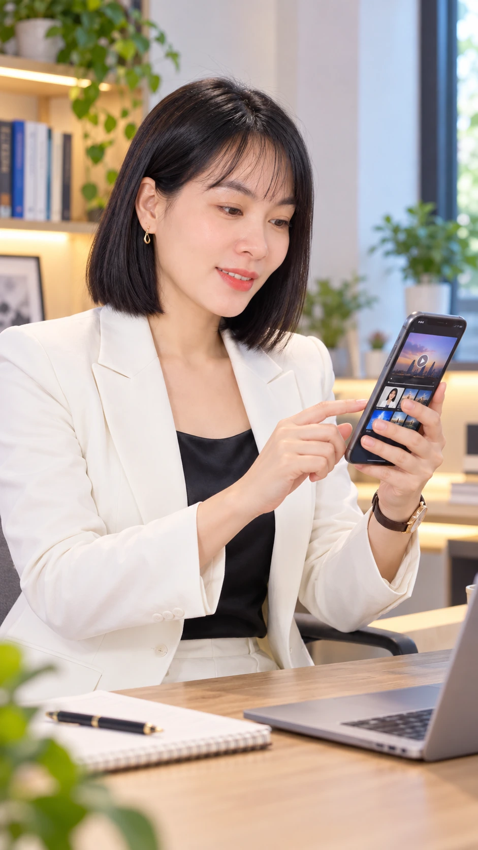 Chang Nguyễn cầm điện thoại bên bàn làm việc.