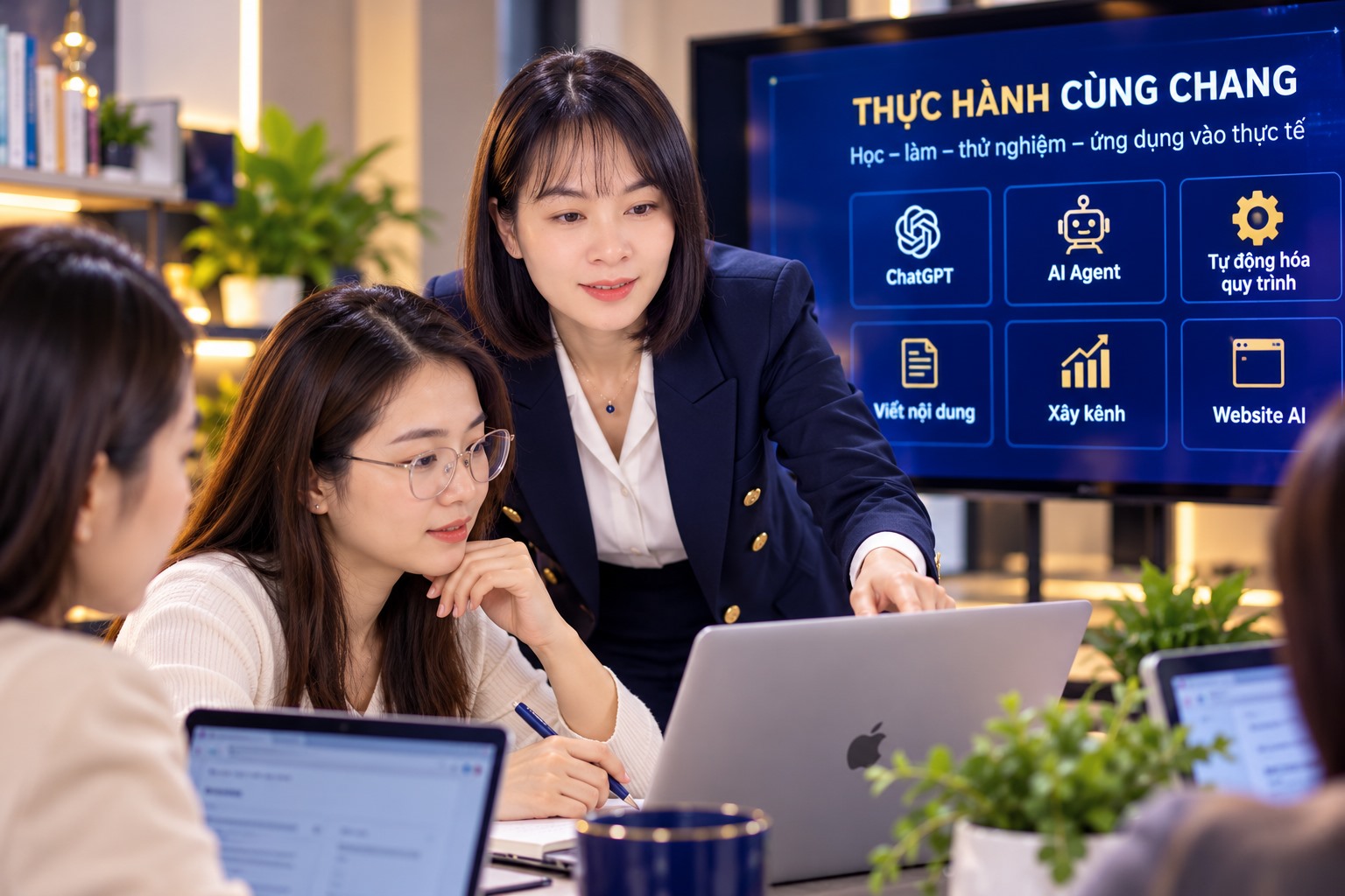 Chang Nguyễn hướng dẫn một người học trước laptop, cùng các thành viên khác; màn hình Thực hành cùng Chang ở phía sau.